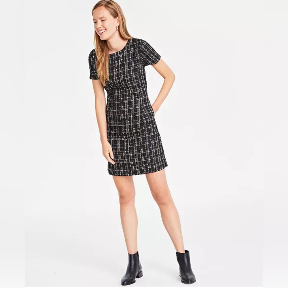 NWT On 34th Women's Tweed Mini Black with White & Metallic Gold Thread Dress 6